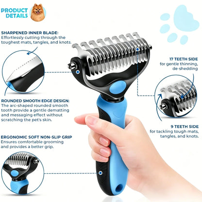 2-in-1 Stainless Steel Pet Dematting Comb, Double Sided Undercoat Rake, Anti-Slip Grooming Deshedding Brush for All Coat Types Dogs & Cats-LIN