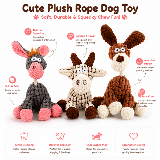 Cute Plush Rope Dog Toy – Soft, Durable & Squeaky Chew Fun!