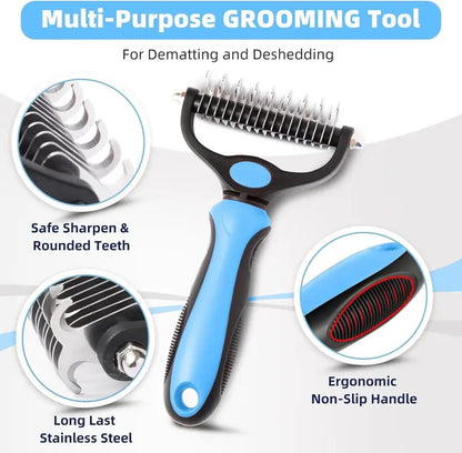 2-in-1 Stainless Steel Pet Dematting Comb, Double Sided Undercoat Rake, Anti-Slip Grooming Deshedding Brush for All Coat Types Dogs & Cats-LIN