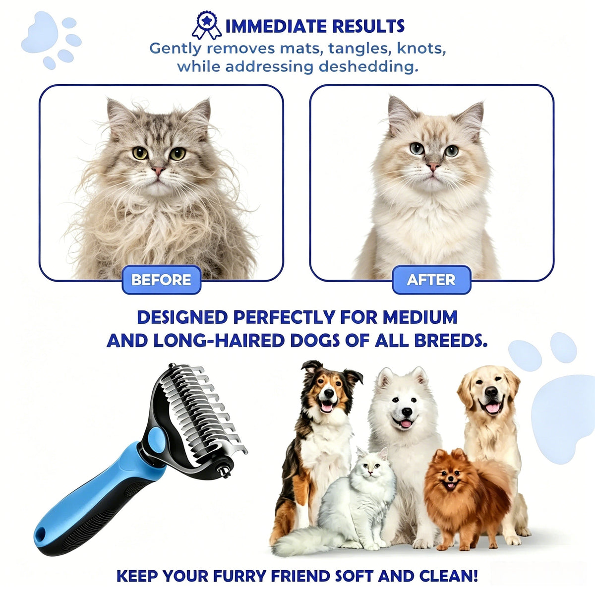 2-in-1 Stainless Steel Pet Dematting Comb, Double Sided Undercoat Rake, Anti-Slip Grooming Deshedding Brush for All Coat Types Dogs & Cats-LIN