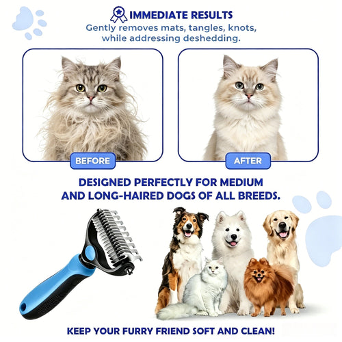 2-in-1 Stainless Steel Pet Dematting Comb, Double Sided Undercoat Rake, Anti-Slip Grooming Deshedding Brush for All Coat Types Dogs & Cats-LIN