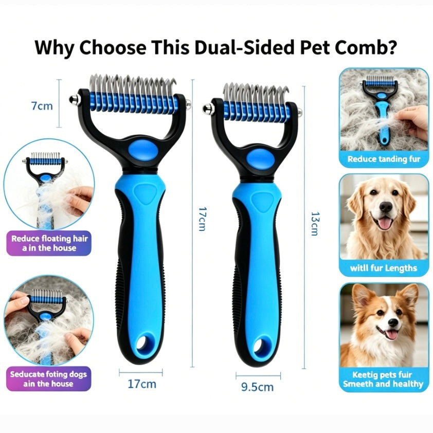 2-in-1 Stainless Steel Pet Dematting Comb, Double Sided Undercoat Rake, Anti-Slip Grooming Deshedding Brush for All Coat Types Dogs & Cats-LIN