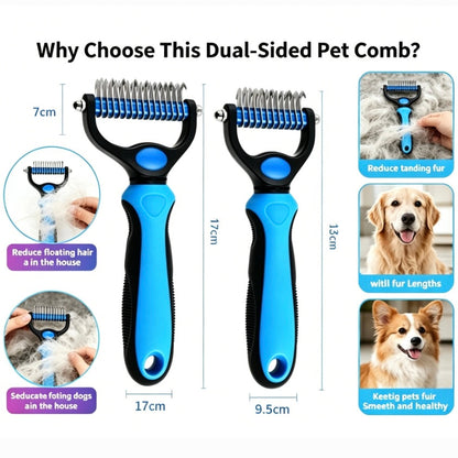 2-in-1 Stainless Steel Pet Dematting Comb, Double Sided Undercoat Rake, Anti-Slip Grooming Deshedding Brush for All Coat Types Dogs & Cats-LIN