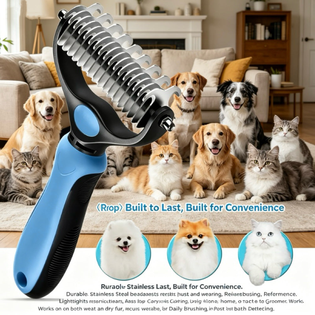 2-in-1 Stainless Steel Pet Dematting Comb, Double Sided Undercoat Rake, Anti-Slip Grooming Deshedding Brush for All Coat Types Dogs & Cats-LIN