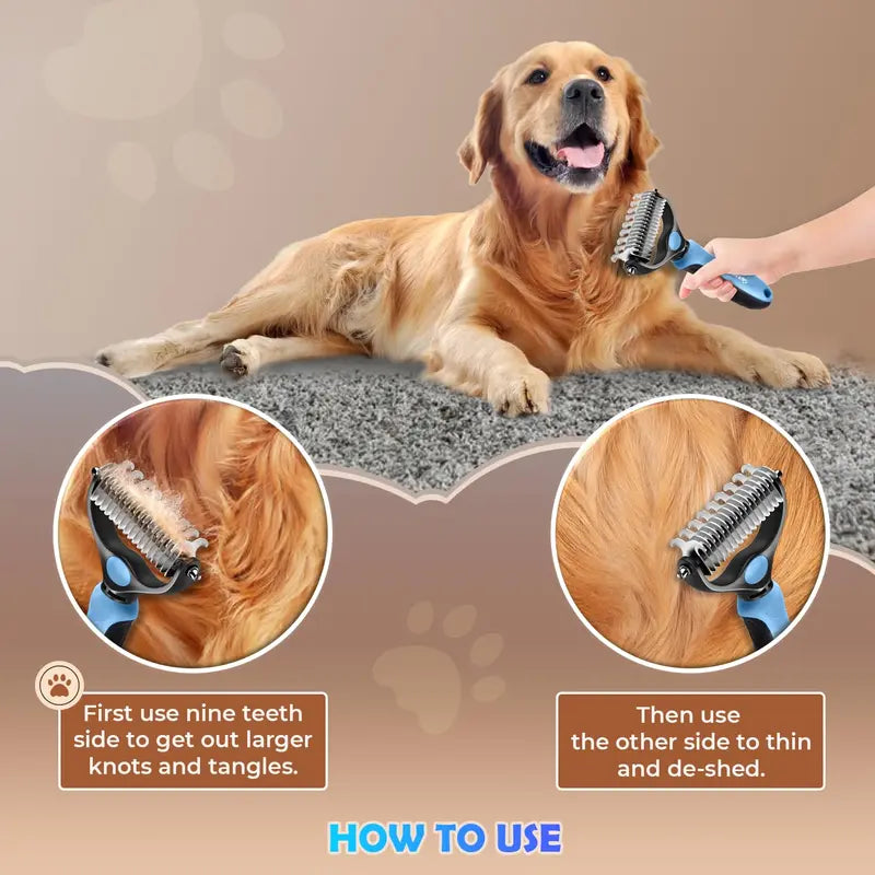 2-in-1 Stainless Steel Pet Dematting Comb, Double Sided Undercoat Rake, Anti-Slip Grooming Deshedding Brush for All Coat Types Dogs & Cats-LIN
