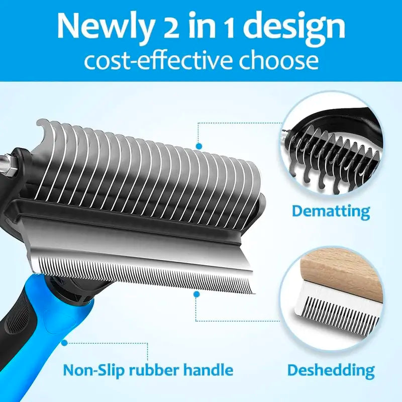 2-in-1 Stainless Steel Pet Dematting Comb, Double Sided Undercoat Rake, Anti-Slip Grooming Deshedding Brush for All Coat Types Dogs & Cats-LIN