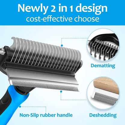 2-in-1 Stainless Steel Pet Dematting Comb, Double Sided Undercoat Rake, Anti-Slip Grooming Deshedding Brush for All Coat Types Dogs & Cats-LIN